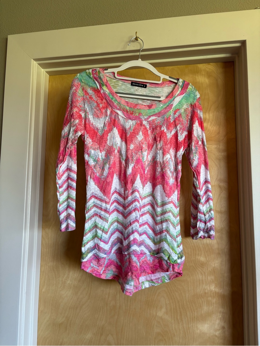 David Cline Crushed Top S Pink Green Chevron Ikat 3/4 Sleeve Layered Art to Wear